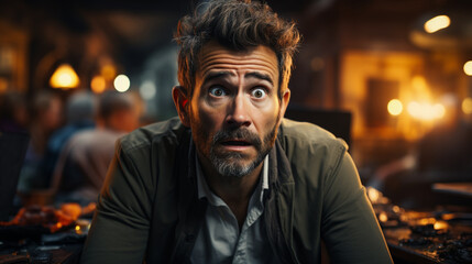 a man stunned by excitement in a public place