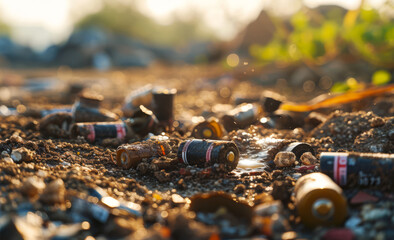 Discarded batteries pollute the soil on the ground. - obrazy, fototapety, plakaty