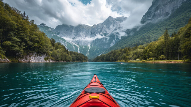 kayaker with whitewater kayaking, down a white water rapid river in the mountains, beautiful landscape background,henerative ai