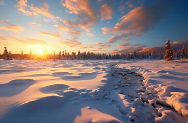 snow covered ground, in the style of golden light, orange and azure, landscape photography, sunrays shine upon it, use of light and shadow, wide angle lens


