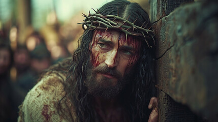 The Crucifixion of Jesus, with the crown of thorns, the bloody Jesus carries his cross - obrazy, fototapety, plakaty