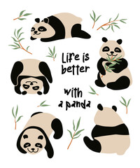 panda and bamboo sticker set. Flat, cartoon vector illustration