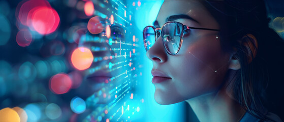 Portrait woman wearing high technology glasses with Data line icon on eyeglasses on woman's face, generative ai