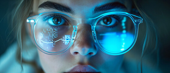 Portrait woman wearing high technology glasses with Data line icon on eyeglasses on woman's face, generative ai