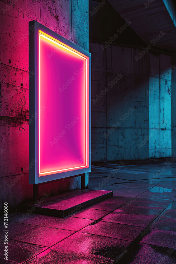 Wall mural Vibrant pink neon-framed sign in an urban setting, perfect for ads, graphic displays, and edgy design elements in modern marketing.