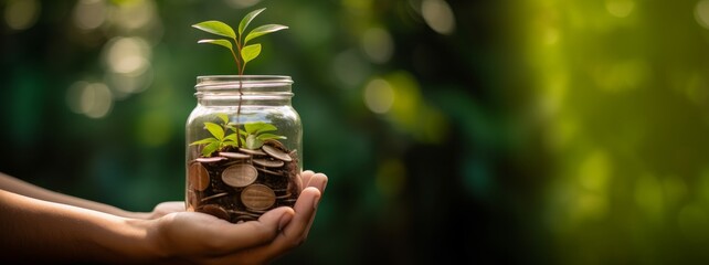 Green plant growth in coin jar