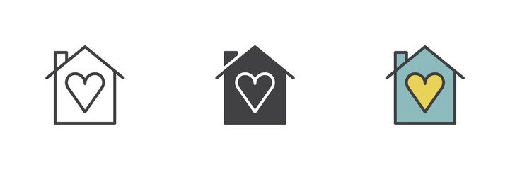 House with heart different style icon set