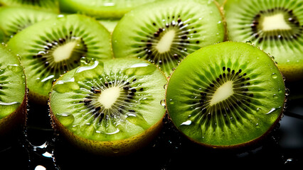 Kiwi slices with water drops. Healthy food and healthy fruit concept.