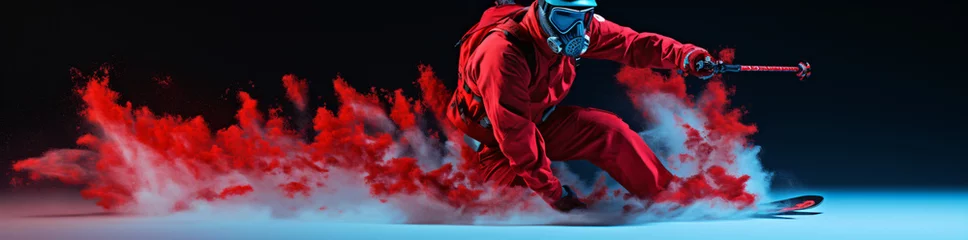 Fotobehang man on a skis on a snowy side of a slope, in the style of red and azure, panorama, smokey background, wimmelbilder, high speed sync, playful expressions    © Possibility Pages