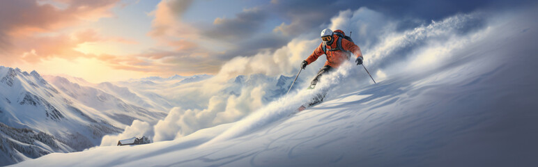 a man skiing on the top of a hill in the sun, luxurious, light yellow and azure, precision of line, smooth and polished, photo taken with provia, low-angle, dramatic, 


 - Powered by Adobe
