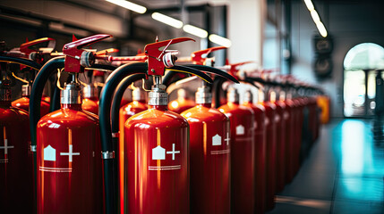  sets of fire extinguishers are lined up in a safe building, - obrazy, fototapety, plakaty