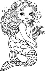 Cute happy little mermaid princess with curly hair with bubbles on the background. Vector black and white coloring page. 