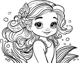 Cute happy little mermaid princess with curly hair with bubbles on the background. Vector black and white coloring page. 