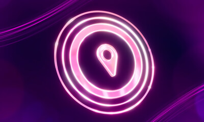 Glowing glass location symbol on dark purple background, 3d render.