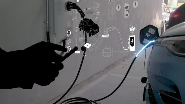 EV charging station for electric car with mobile app display charger status . The electric power is produced from sustainable resources to supply to charger station in order to reduce CO2 emission