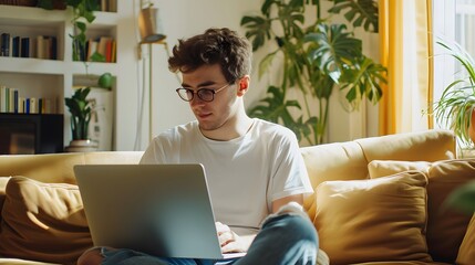 Portrait of Young man smiling as he looking at the screen of a laptop computer while relaxing on a comfortable couch on sofa at home. Social Networks and Having Fun.