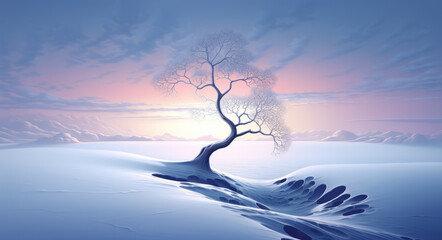 Loan glowing solitary tree in the snow covered landscape, surrealistic fantasy landscapes. Alone determined concept.