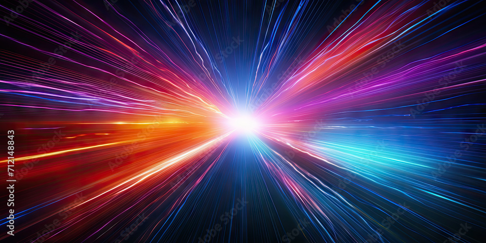 Poster colorful light tunnel background. neon futuristic flashes on black background. colorful light exposu