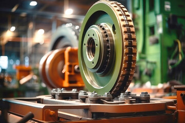Photo of a detailed view of a mechanical device with rotating wheels. Modern metal processing at an industrial enterprise. Manufacturing of high-precision parts and mechanisms. - obrazy, fototapety, plakaty