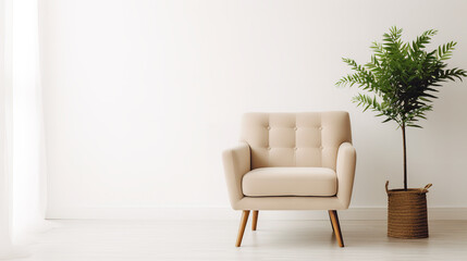 a Khaki chair in front of a white wall