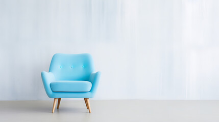 a Sky Blue chair in front of a white wall