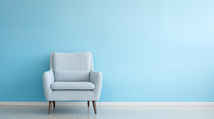 Fototapeta na wymiar a Sky Blue chair in front of a white wall