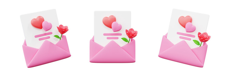 3d Love Letter Valentine day, mail envelope icon with red heart and red rose flower, Valentine's Day Concept theme design