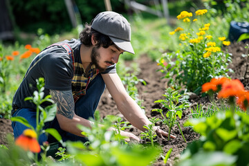 A young man, dressed in sustainable and eco-friendly attire, passionately engaged in planting trees in a community garden
