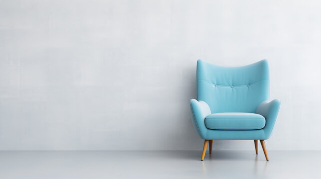 a Sky Blue chair in front of a white wall