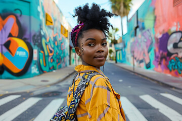 Fototapeta premium close up shot, Showcase a trendy urban street fashion scene featuring a stylish African-American woman in her late 20s, donning vibrant streetwear