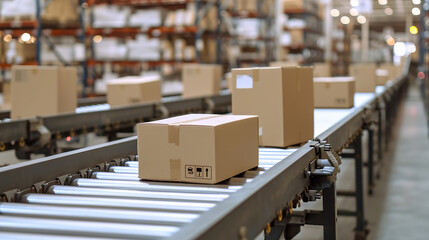 Closeup of multiple cardboard box packages seamlessly moving along a conveyor belt in a warehouse fulfillment center