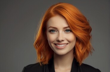 Portrait of Beautiful Stylish Woman with orange Hair Looking Up to the Camera and Smiling from Generative AI