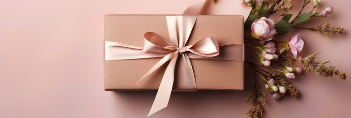 A gift box with pink ribbon bow on pink background with flowers, top view banner with copy space
