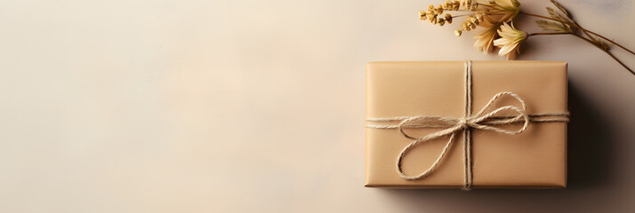 A gift box wrapped in eco-friendly craft paper tied with rope on beige background, top view banner with copy space