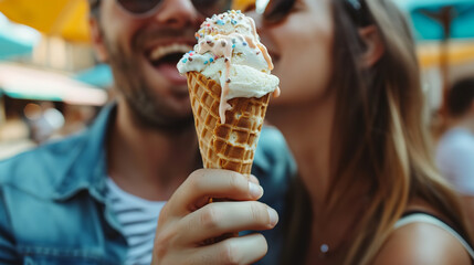 couple sharing an ice cream cone