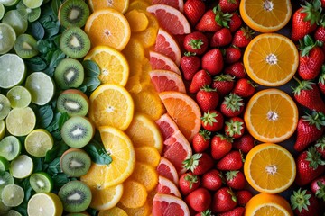Fruits fruit pieces background with kiwi, strawberries, orange, top view with copy space