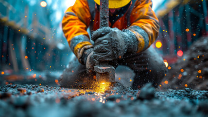 Generative AI A laborer uses a jackhammer to break up a concrete ,generative ai