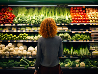 A woman chooses vegetables on the shelves of a grocery store. View from the back