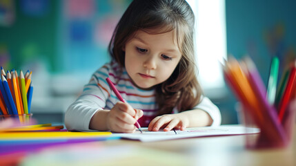 Happy little girl sitting at a table and drawing. Children's creativity and development concept.