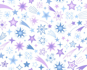 Fototapeta na wymiar Seamless pattern with stars and comets. Hand-drawn stars and comets. Stars of different shapes. Blue and purple stars on a white background. 