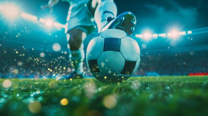 Soccer stadium with professional soccer players kicking dribbling the soccer ball. Generative AI