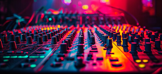 musical mixing console on stage - obrazy, fototapety, plakaty