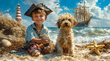 Young Pirate Boy and Dog Enjoying Beach Adventure