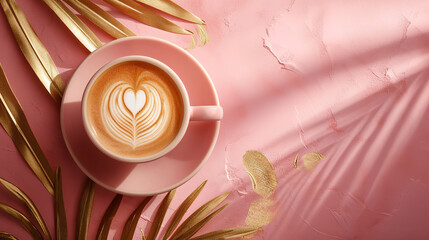 pink cup with cappuccino with heart art on the table, golden palm leaves, top view white background