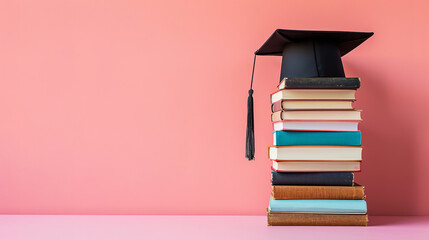 Stack of books and black graduation cap on pink background