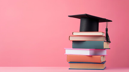 Stack of books and black graduation cap on pink background