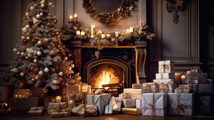 Fototapeta na wymiar Cozy room with a New Year theme and a fireplace