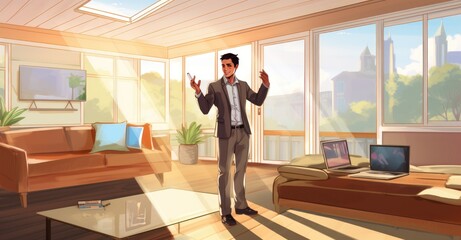 Humorous depiction of hybrid work attire, blending business and comfort in a home office environment."