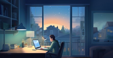 Late-night home office scene, capturing the dedication and solitude of working overtime in a remote setting - obrazy, fototapety, plakaty