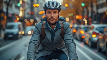 a young man with suit wearing helmet riding a bicycle on a road to work in a city street...